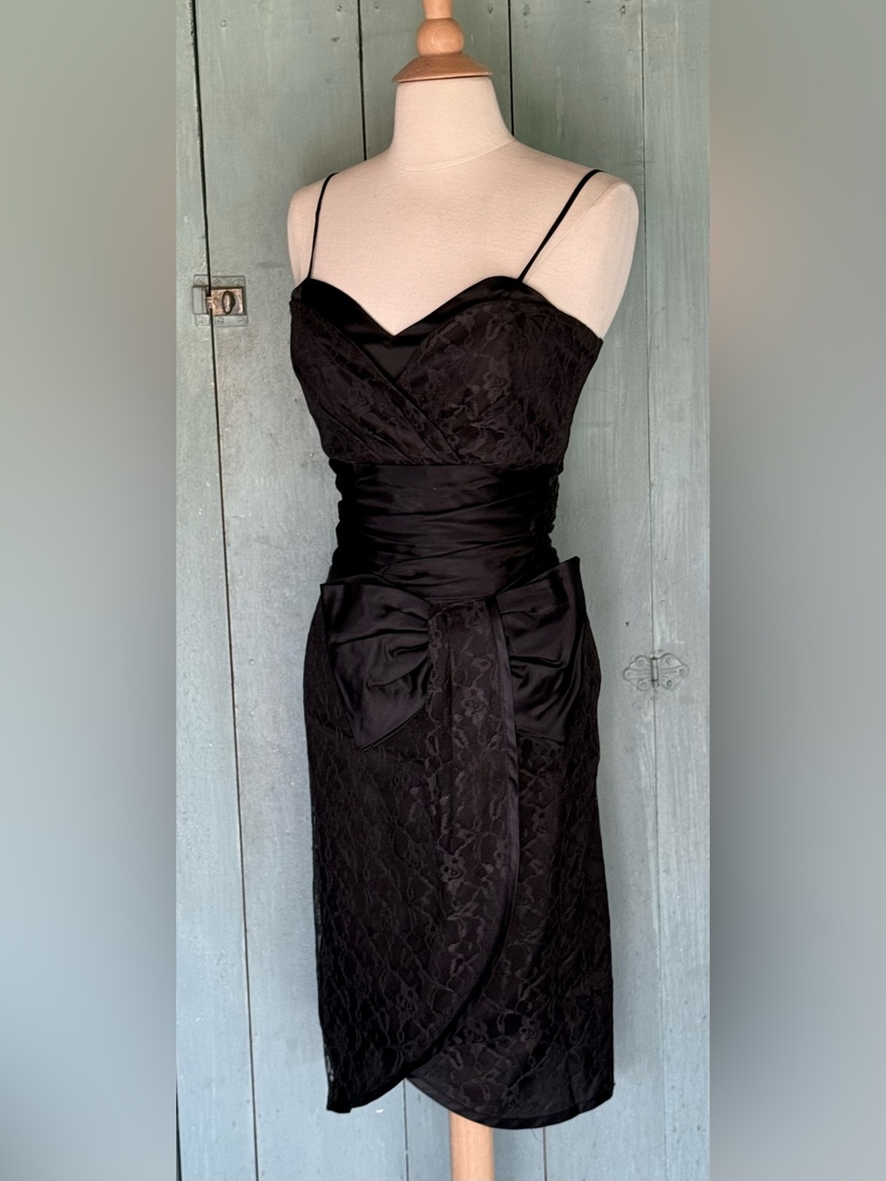 LBD Straps Sweetheart Lace Overlay Wrap Ruched Black Dress Bow Sash S+